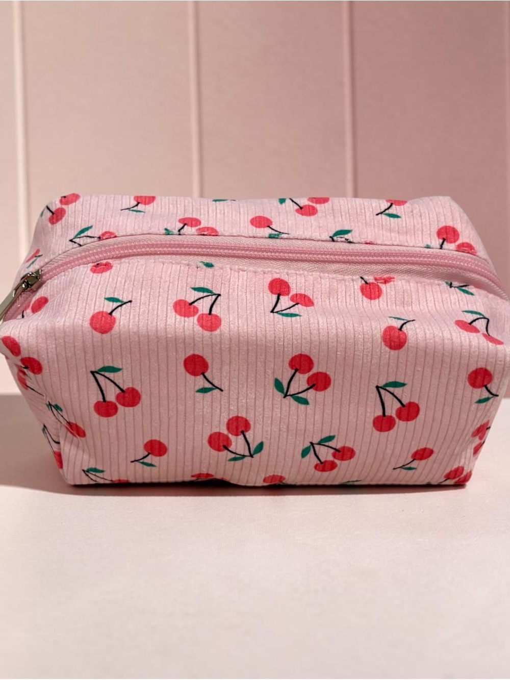 Cherry Print Pink Cosmetic Pouch